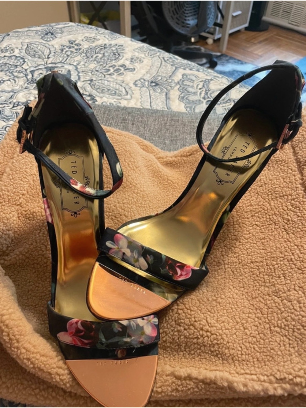 Ted Baker Black Floral Ankle-Strap Heels with Gold Insole